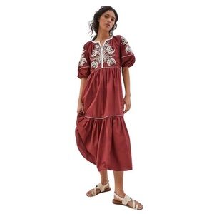 Anthropologie Red Embroidered Midi Dress